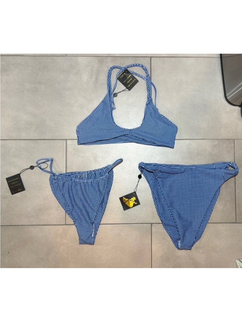 Skatie X The Salty Blonde Bikini Set 3 Piece Blue White Large Gingham Print